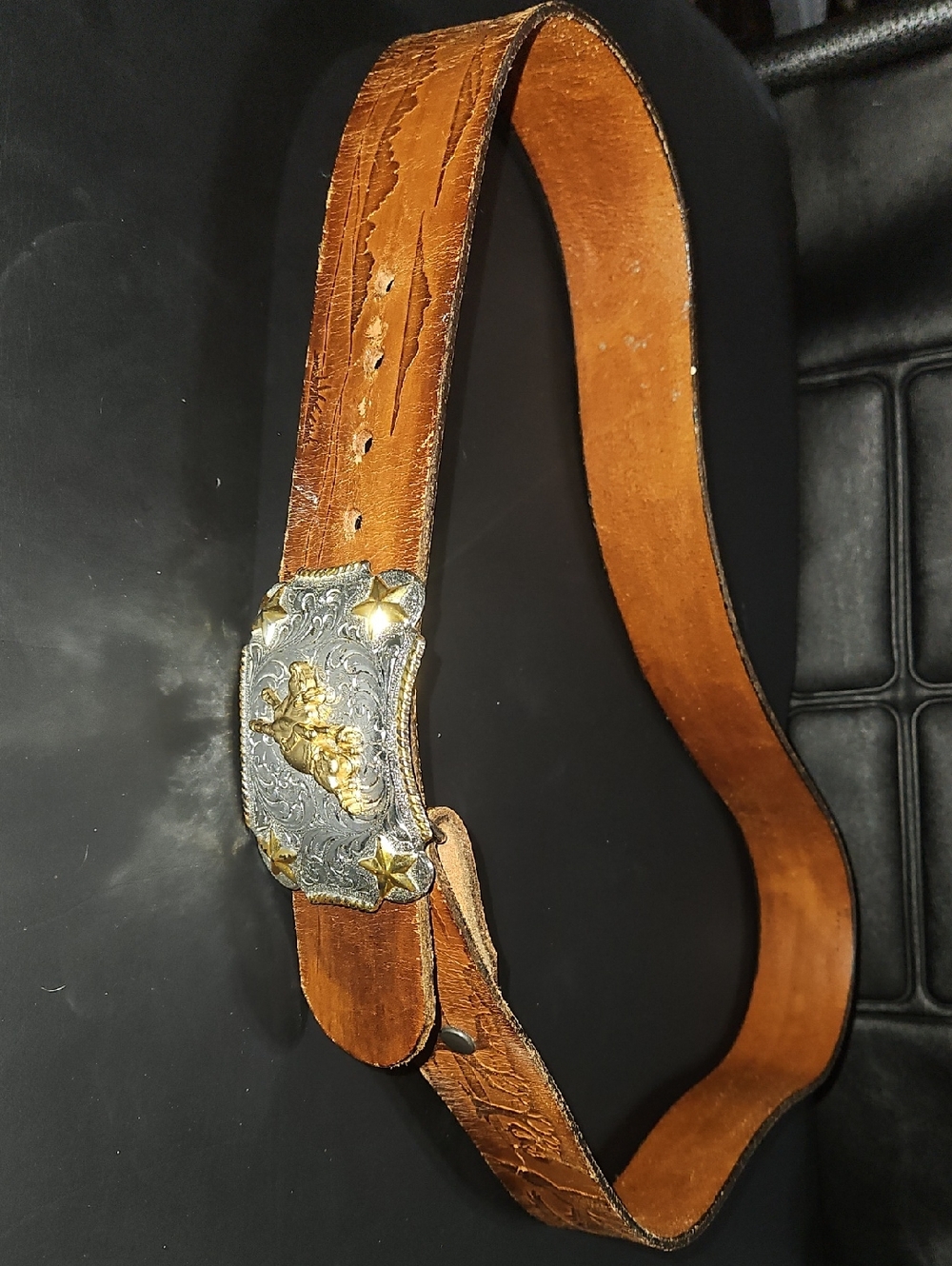 Nocona Brown Leather Western Belt with Decorative Silver-Gold Buckle Size 38